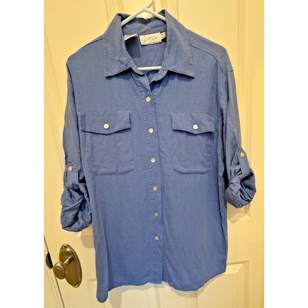 VTG Kathy Che Blue Button Up Blouse women’s 10 - Roll Tab Sleeves - Linen